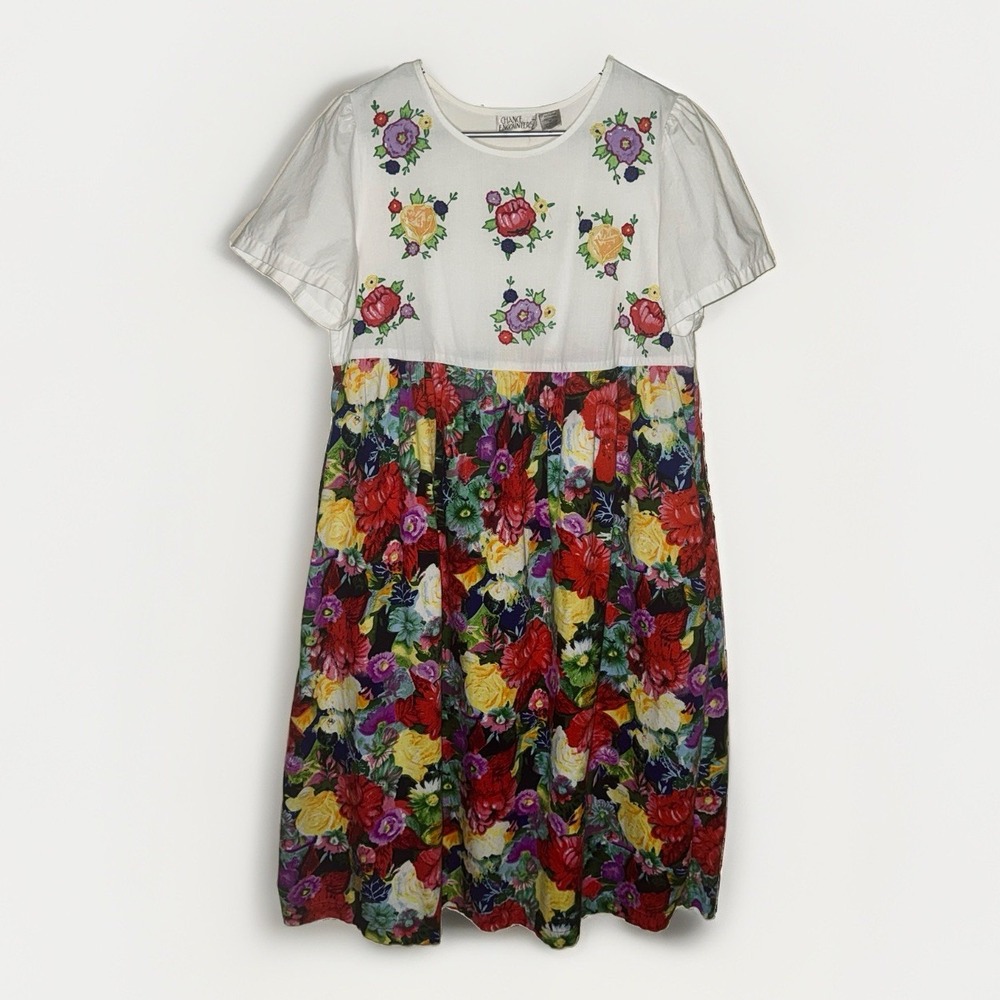 VTG Chance Encounters Floral Embroidered Midi Dress Pocket India Cotton M Whimsy